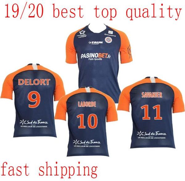

19 20 montpellier soccer jerseys herault home blue 2019 2020 maillot de foot #11 savanier #40 lecomte #10 laborde #9 delort football shirts, Black;yellow