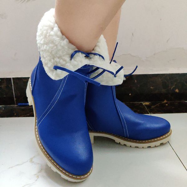 

blue leather lace-up boots fashion pure color round toe chunky heels vintage women booties with plush inside dropshipping, Black