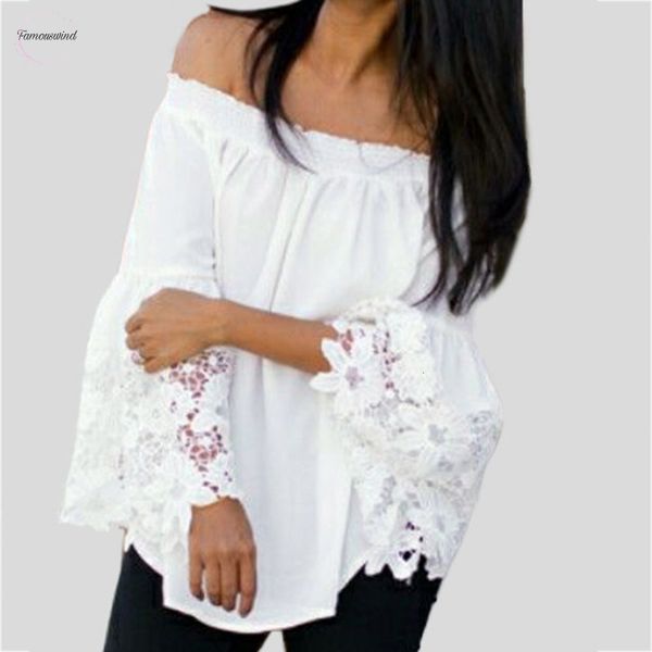 

womens blouses feminine and autumn streetwear white lace off shoulder long sleeve blouse flare sleeve ladies top