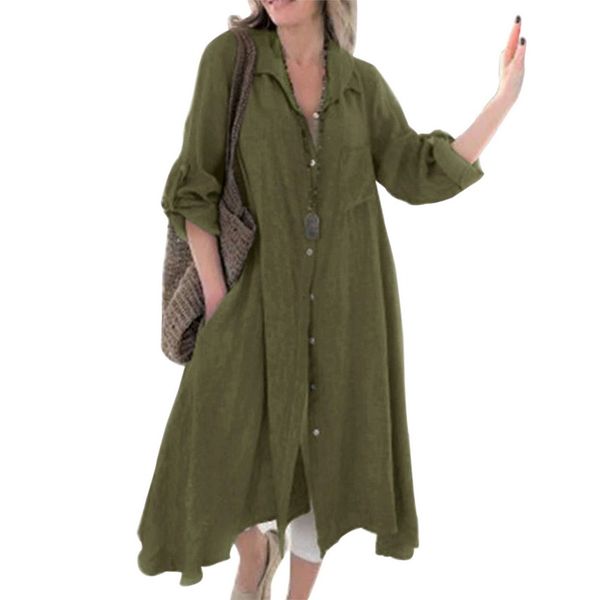 

vintage button women dress shirt turndown collar long sleeve cotton linen 2019 autumn solid dresses casual vestidos robe femme, Black;gray