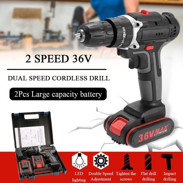 

meterk 36v electric impact cordless drill electric screwdriver led light 2 li-ion battery rechargeable 2-speed diy power tools