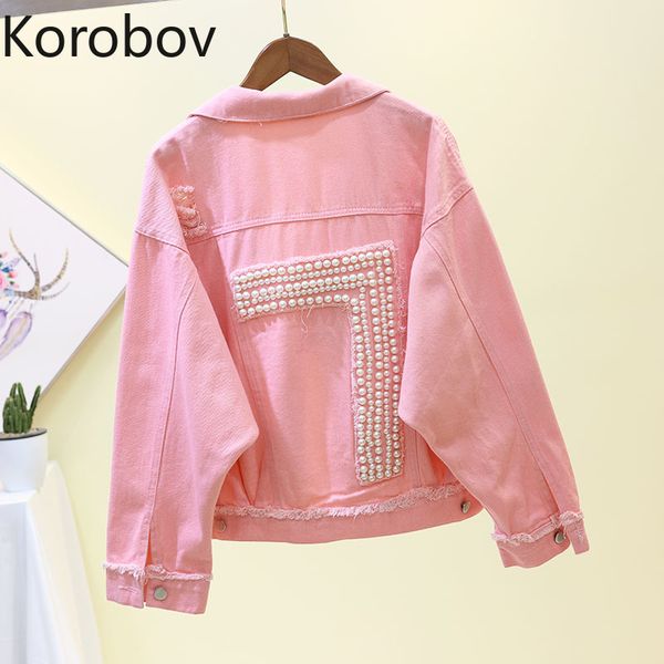 

kotobov streetwear beading pearls women denim jackets harajuku batwing sleeve coats turn-down collar hole jacket coats 78045, Black;brown