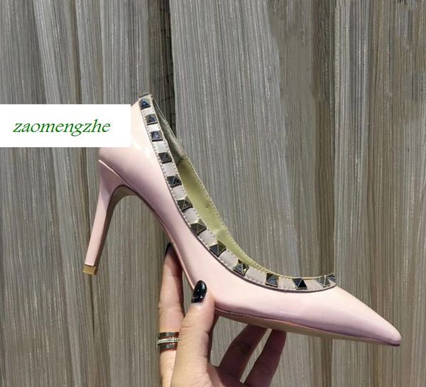 

brand women pointed toe 2-strap high heels shoes pumps black leather shoes with rivets shoes 8.5cm