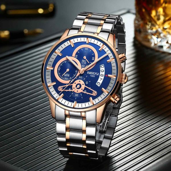 

nibosi mens watches luxury brand gold watch men relogio masculino automatic date watch quartz luminous calendar wristwatch, Slivery;brown