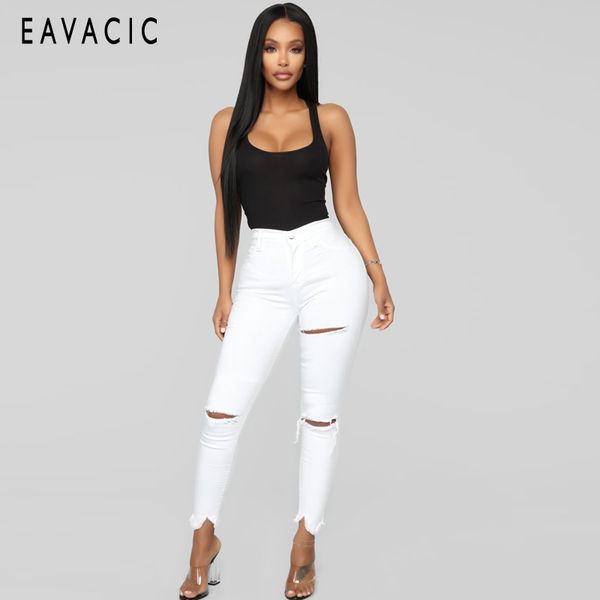 

eavacic women destroyed ripped denim jeans skinny hole pants high waist stretch jeans slim pencil trousers black white, Blue