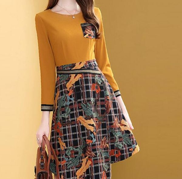 

french retro autumn new temperament fake two pieces of irregular stitching dress, Black;gray