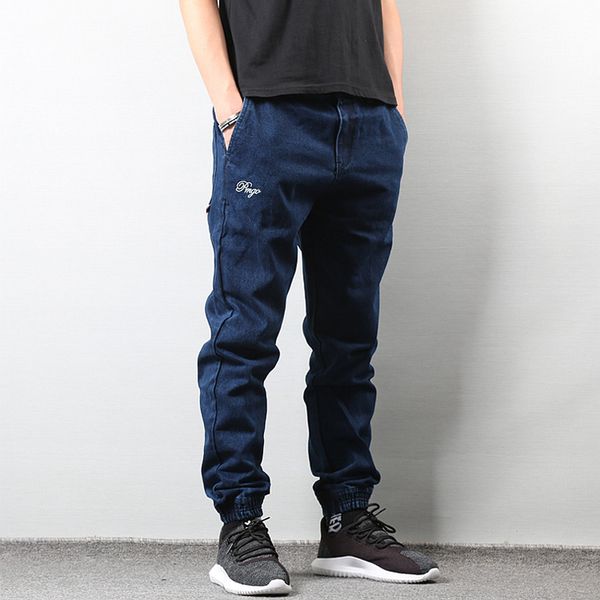 

high street fashion men jeans blue color japanese style vintage design ankle banded jogger jeans homme hip hop cargo pants men
