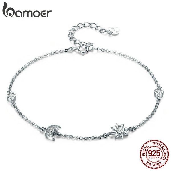

bamoer genuine 100% 925 sterling silver lobster clasp star and moon clear cz bracelet & bangles for women silver jewelry scb081, Golden;silver