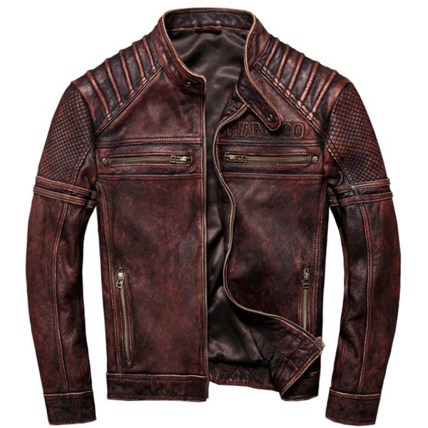 

men's leather & faux 2021 vintage brown men american motorcycle jacket plus size xxxxxl genuine cowhide slim fit biker's coat, Black