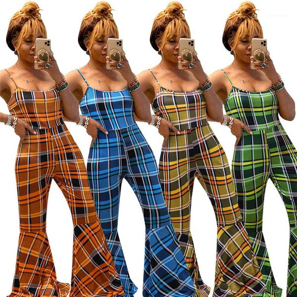 

clothing women plaid designer jumpsuits fashion spaghetti strap slim bell bottoms rompers 20ss new women summer, Black;white
