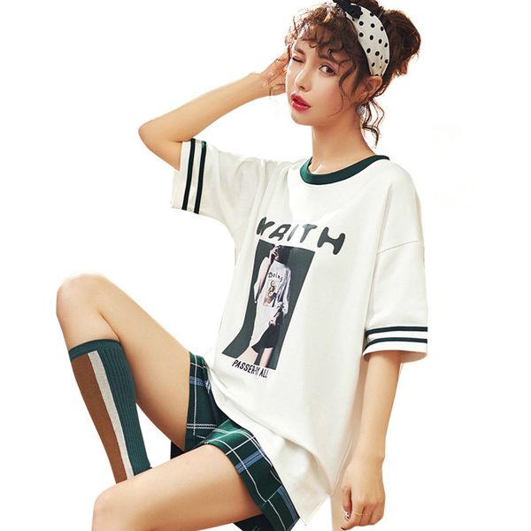 

2019 summer female korean short sleeved shorts cotton pajama suit for women summer thin loose cotton less women's home wear, Blue;gray