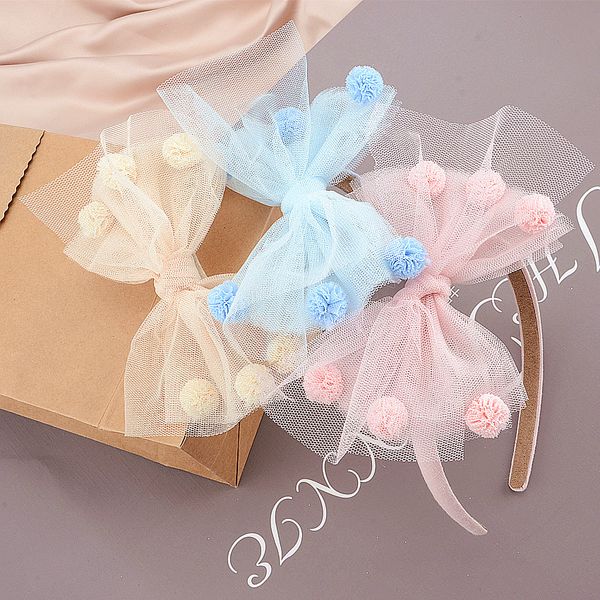 

boutique ins 12pcs fashion cute gauze pom pom bowtie hairbands solid color balls lace bowknot hair sticks princess headwear, Slivery;white