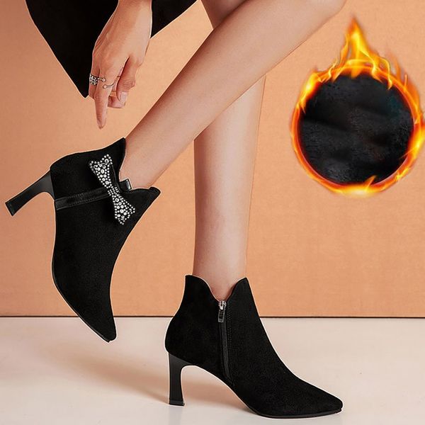 

women's crystal bow knot thin heels elegant warm ankle office ladies boots, Black