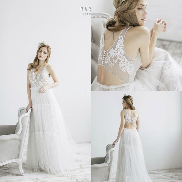 

modest chic lace wedding dresses v neck appliqued a line sweep train bohemian wedding dress beads bridal gowns plus size, White