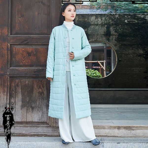 

2019 winter new products cotton linen women's dress origional retro wind frog padded slim fit warm women's long cotton-padded cl, Blue;black