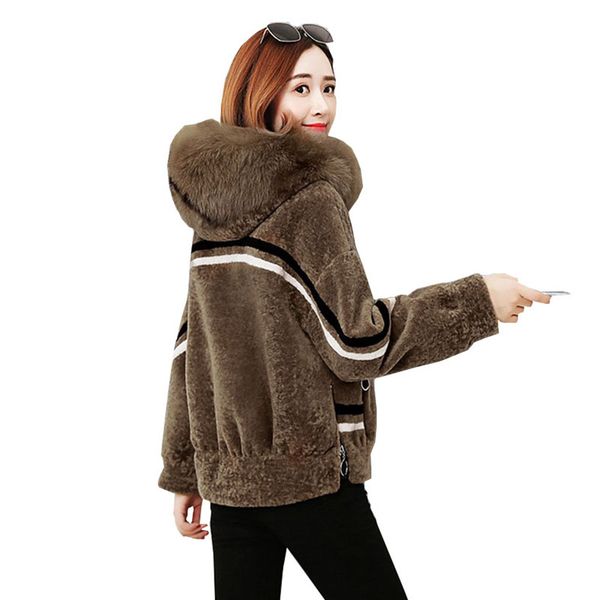 

autumn winter women wool jacket new fashion batwing sleeves collar hooded coats female sheep shearing outwear q240, Black