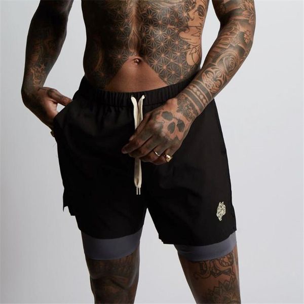

quick dry running shorts men fake two pieces sports jogging fitness shorts summer workout breathable jogger running short, Black;blue