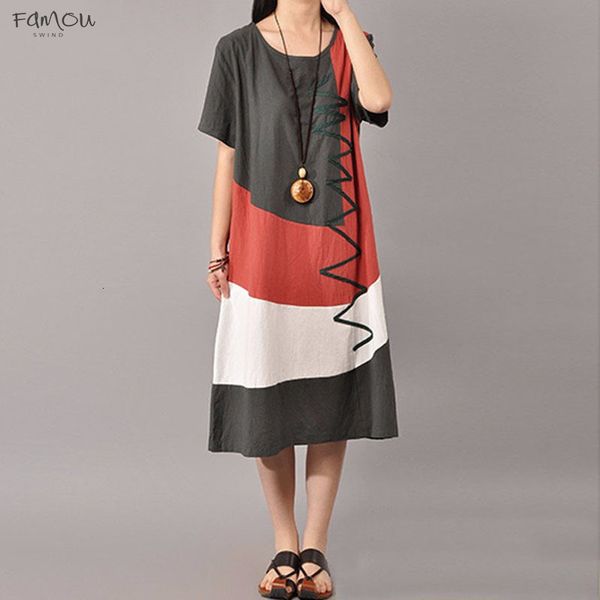 

Women Vintage Print Summer Dress Ladies O Neck Short Sleeve Casual Dresses Splice Casual Loose Dress Mid-Calf Vestidos Plus Size