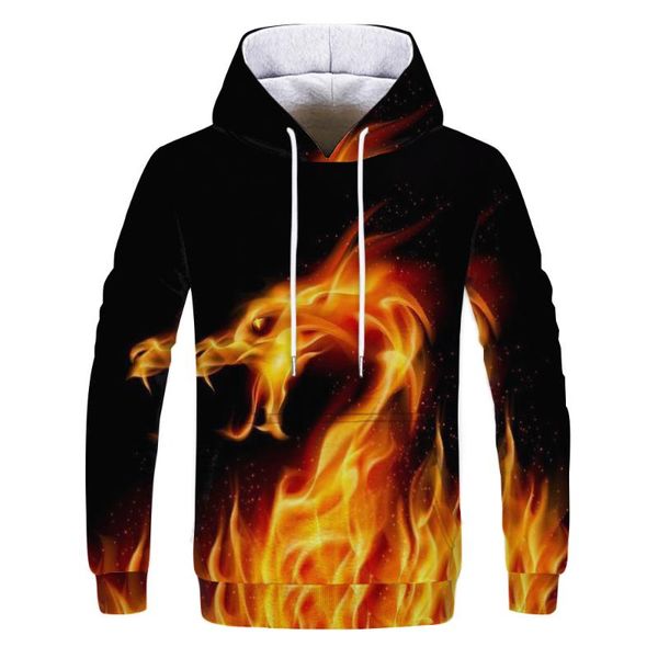 

3d digital printing autumn and winter models flame abstract animal dragon pattern printing casual men's hoodie, Black