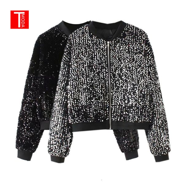 

2018 autumn women chic sequined jacket coats pockets long sleeve zipper design outerwear vintage female casual fashion y191019, Black;brown