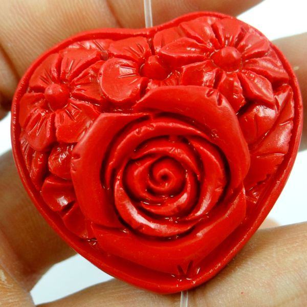 

39*36*21mm chinese red organic cinnabar pendant necklace flower hand-carve, Silver