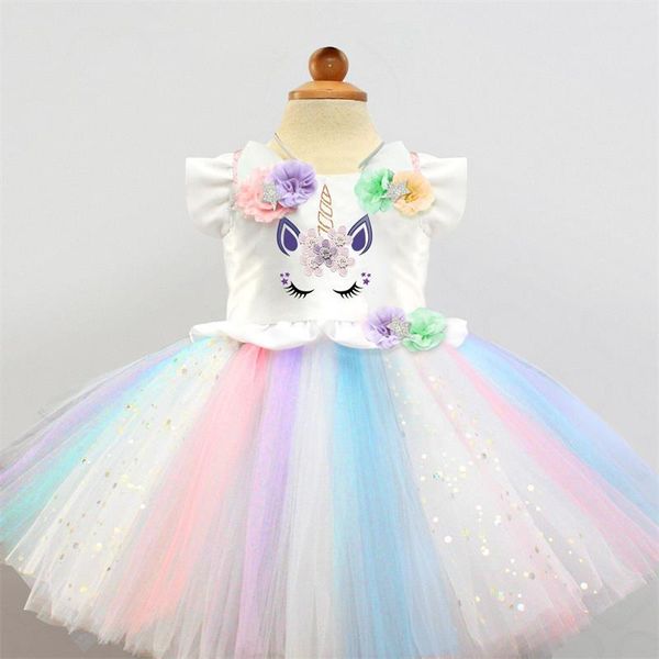 

2019 new flower girls tutu dresses fancy rainbow princess colorful unicorn dress christmas halloween costume kids girl party dress 1-5y, Red;yellow