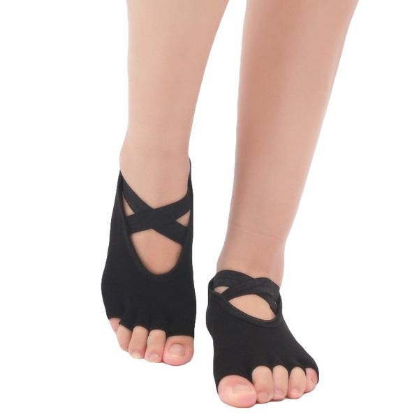 

women yoga socks anti-slip five fingers backless cross bandage silicone non-slip toeless ballet gym fitness sports socks black