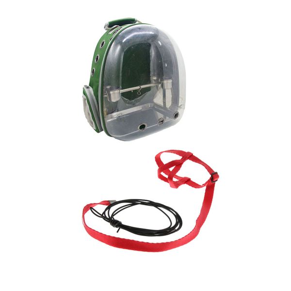 

bird parrot carrier backpack green with bird harness leash for travel, hiking, outdoor use