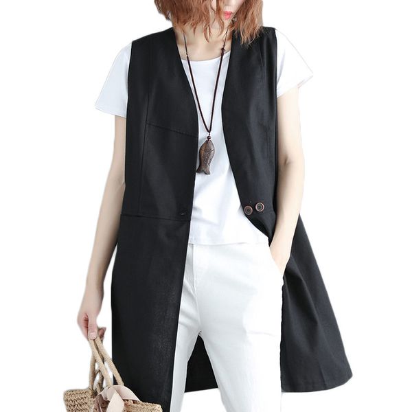 

spring summer new women vest jacket 2019 loose long cotton linen solid sleeveless waistcoat women plus size v-neck cardigan f204, Black;white