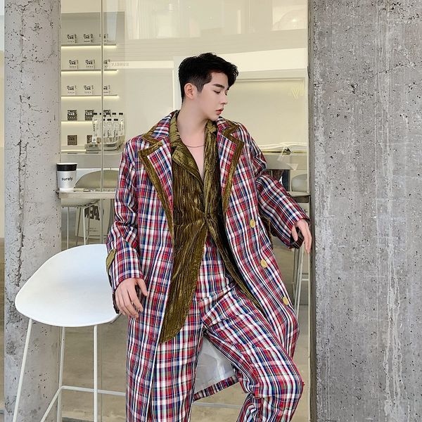 

stage clothing men casual plaid trench coat overcoat male women vintage fashion streetwear long jacket windbreaker outerwear, Tan;black