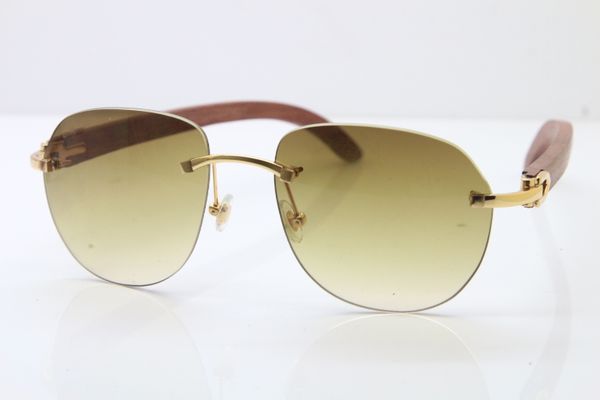 

2020 wholesale rimless wooden sunglasses women designer rimless glasses 8300729 wood sun glasses frame size:56-18-135 gold brown, White;black