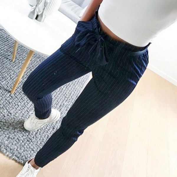 

fashion women's high waist drawstring elastic long pants casual pencil trousers, Black;white