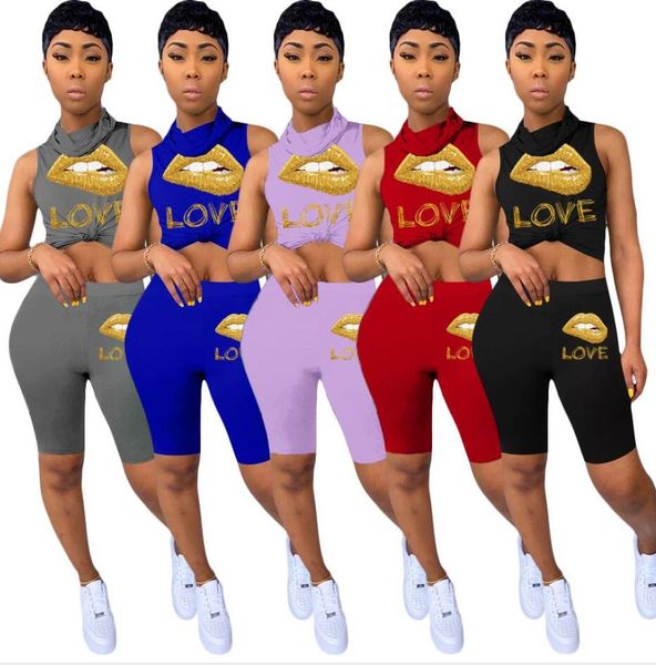 

women 2 piece outfits lips designer tracksuit lips turtleneck sleeveless vest t-shirt pullover + shorts sets sport suit sale d52501cz, White