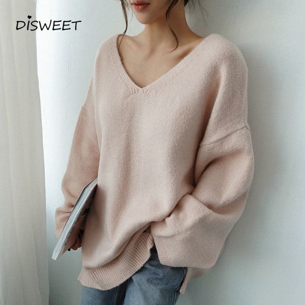 

autumn v-neck knit sweater woman simple long sleeve loose solid color sweater ladies casual long warm women's 2019, White;black