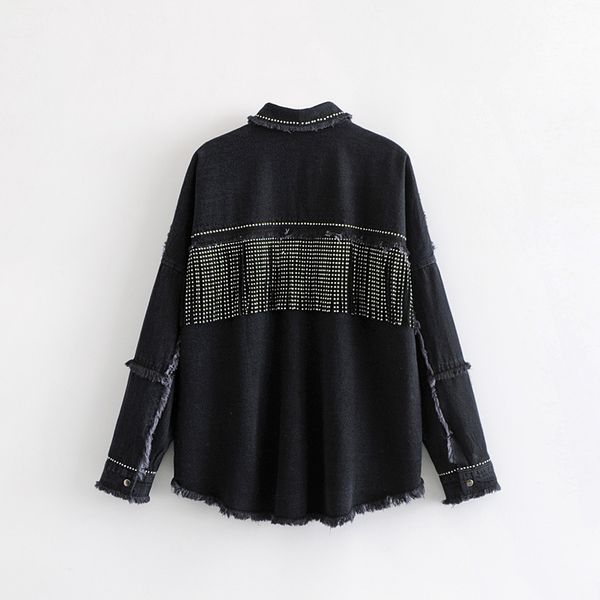 

women black loose denim jacket coat sequined tassels streetwear all-match mental covered button outerwear, Black;brown