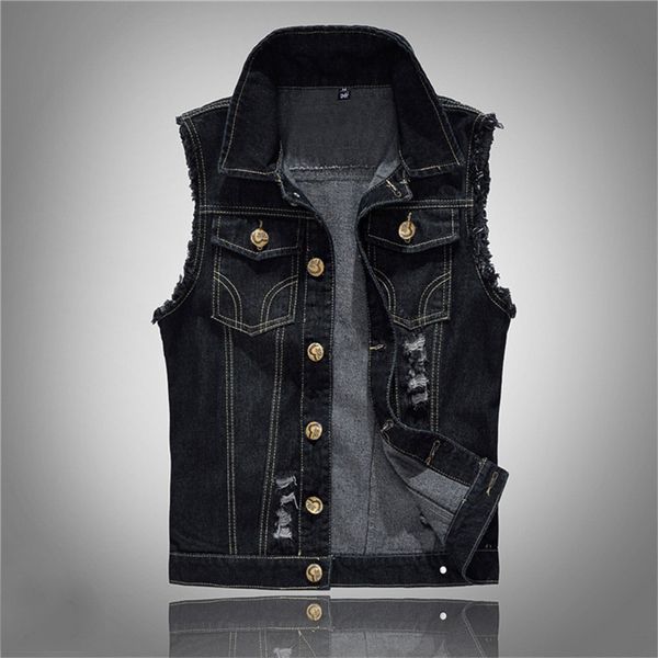 

2019 new spring autumn vintage men's denim vest male black sleeveless cotton 80s jackets hole fashion jeans brand waistcoat 6xl, Black;white