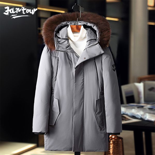 

2019 new fashion brand clothing white duck down jacket men middle long mens winter parka with fur hood thick men winter jackets, Black