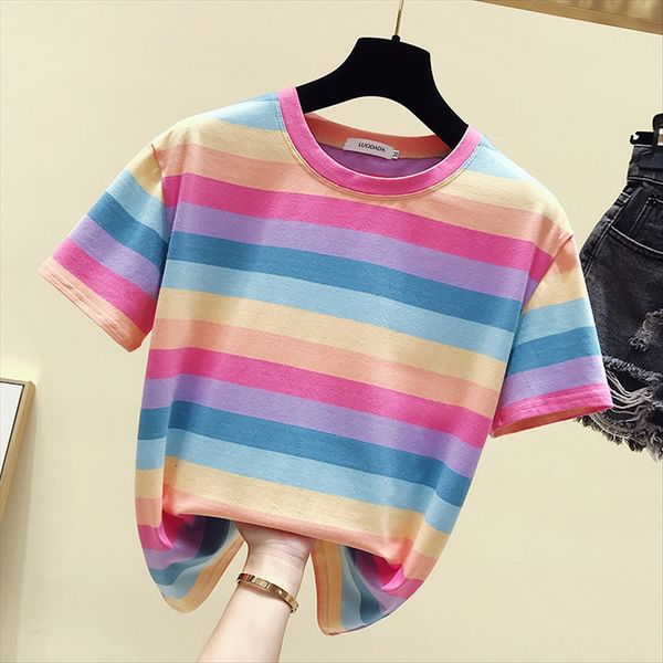 

2020 women's striped women's t-shirt round collar rainbow t-shirt pullover pullover ins fashion niche short sleeve top, White