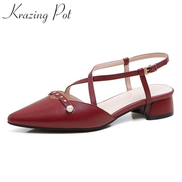 

krazing pot new natural leather pointed toe med heel pearl rivet decorations princess style sweet girls dating sandals women l01, Black
