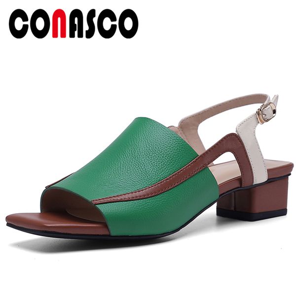 

conasco euro style fashion concise casual summer women cow leather sandals pumps mixed colors peep toe thick heel shoes woman, Black