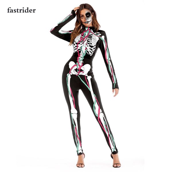 

2018new mechanical bone cosplay costume catsuit scary skull bodysuit skeleton jumpsuit halloween costumes for women, Black;red