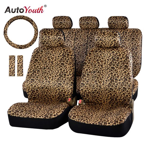 

autoyouth luxury leopard print car seat cover universal fit seat belt pads,and 15" universal steering wheel car protector