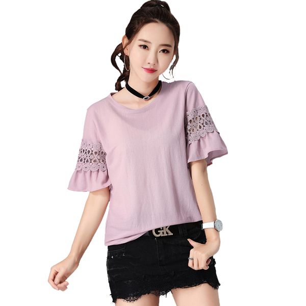 

women t-shirts hollow stitching loose round neck bottoming 2019 spring summer short-sleeved female t-shirt clothing, White