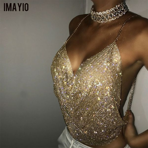 

imayio crop women tank chic metal gold bralette camis dropped v ladies halter adjustable strap bustier vest, White