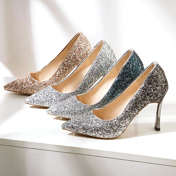 

designer women luxury shiny sequin shoes brand female gradient shallow super high heel shoes girl soft party weeding roman shoes, Black