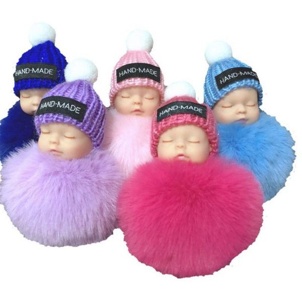 

new sleeping baby keychain fake fur pom pom key chain women trinket car key ring keychain jewelry gift fluffy keychain on bag, Silver