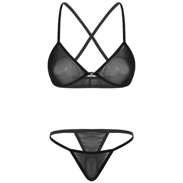 

women see through sheer mesh lingerie set elastic spaghetti straps bra with g-string thong female underwear, Red;black