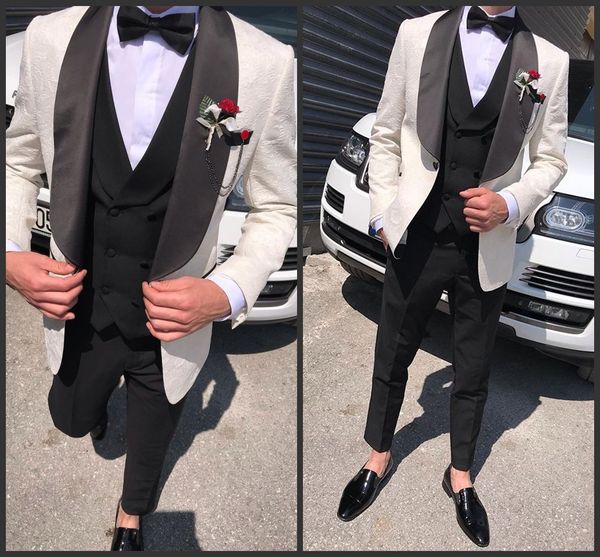 2020 Smoking da matrimonio estivo sulla spiaggia Motivo floreale 3D Abiti da sposo da uomo con risvolto con risvolto Giacca slim fit da ballo di fine anno (giacca + gilet + pantaloni)