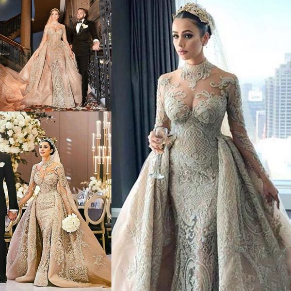 

luxury vintage arab muslim lace wedding dresses with detachable train 2020 champagne high neck kaftan caftan bride wedding gown, White