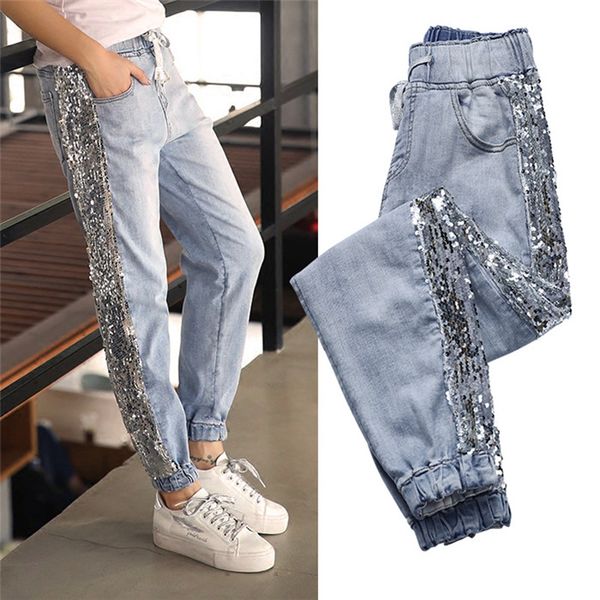 

2019 sequins side stripe denim jeans, street jeans pants, jeans for women woman, Blue